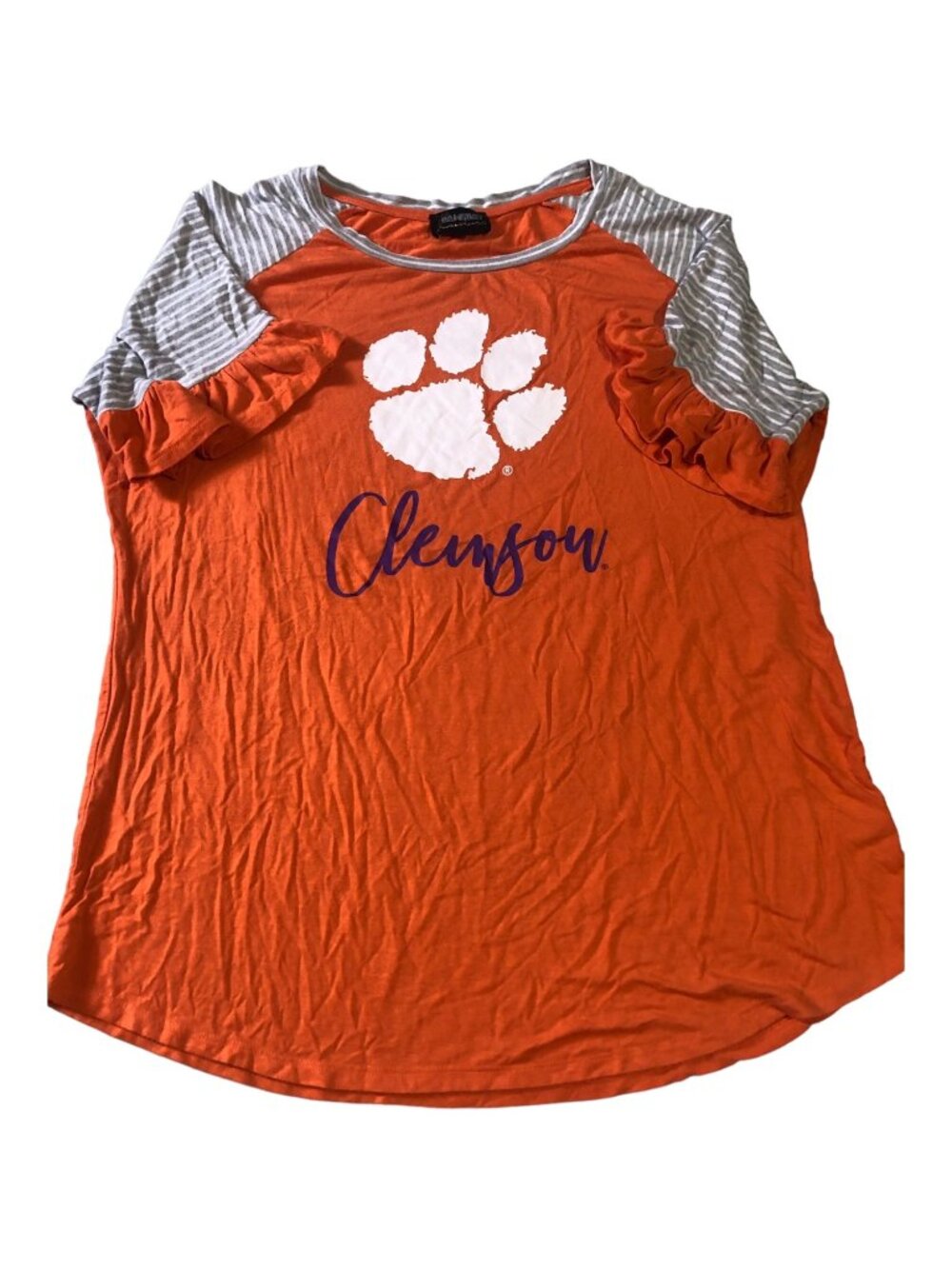 Clemson Orange Ruffle Stripe Sleeve Boutique Style Soft Stretch Gameday Blouse S